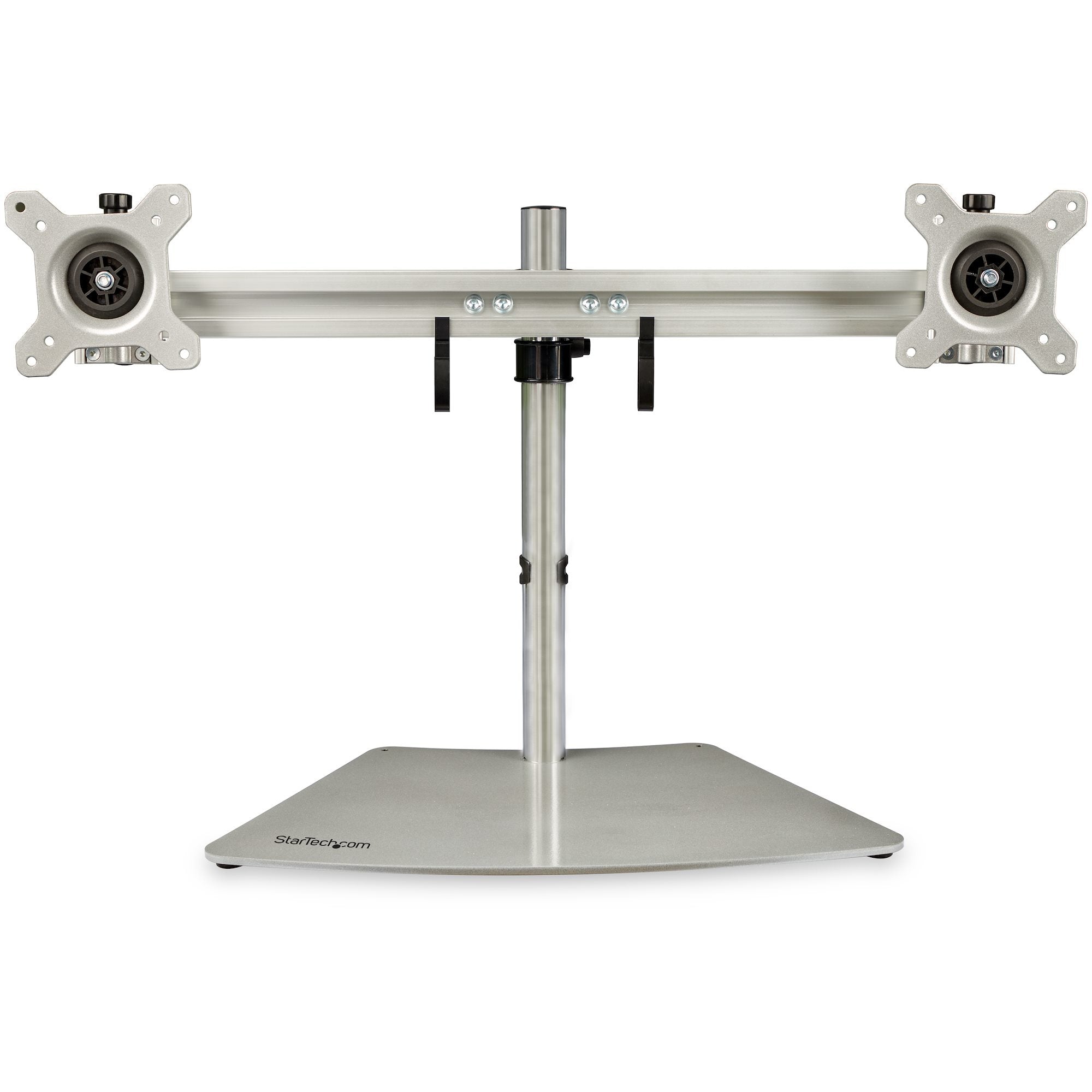 StarTech.com Dual Monitor Stand - Ergonomic Free Standing Dual Monitor Desktop Stand for two 24" VESA Mount Displays - Synchronized Height Adjustable - Double Monitor Pole Mount - Silver