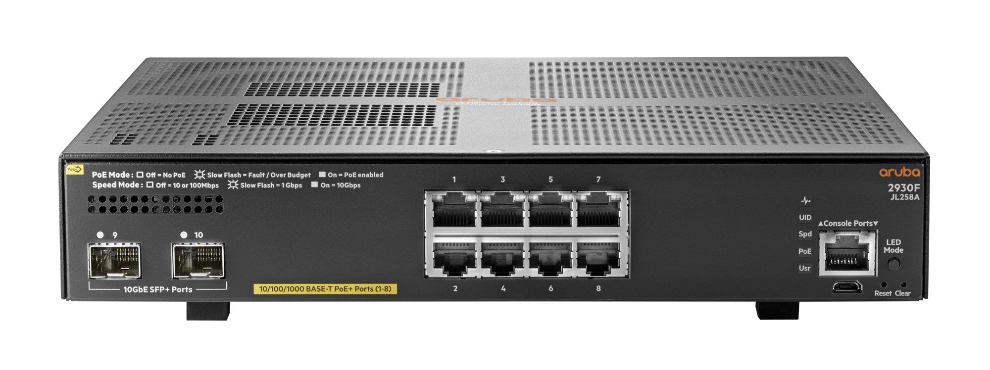 HPE Aruba Networking Aruba 2930F 8G PoE+ 2SFP+ Managed L3 Gigabit Ethernet (10/100/1000) Power over Ethernet (PoE) 1U  - Networking - HPE