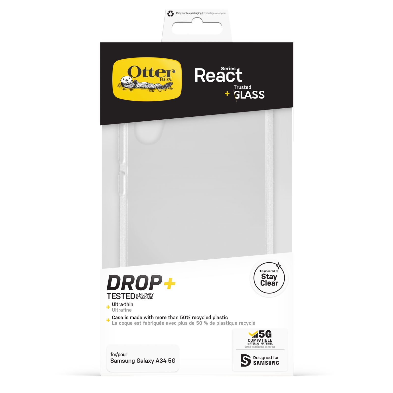 OtterBox Drop Protection Bundle for Galaxy A34 5G; React Clear Case Tested to Military Standard and Trusted Glass Screen Protector 2x Antiscratch Technology