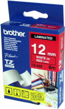 Brother TZE-435 DirectLabel white on red Laminat 12mm x 8m for Brother P-Touch TZ 3.5-18mm/6-12mm/6-18mm/6-24mm/6-36mm