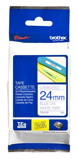 Brother TZE-253 DirectLabel blue on white Laminat 24mm x 8m for Brother P-Touch TZ 3.5-24mm/HSE/36mm/6-24mm/6-36mm
