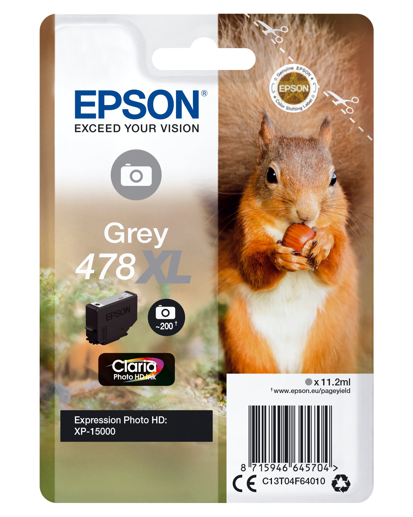 Epson C13T04F64010/478XL Ink cartridge gray high-capacity 200 Photos 11,2ml for Epson XP 15000