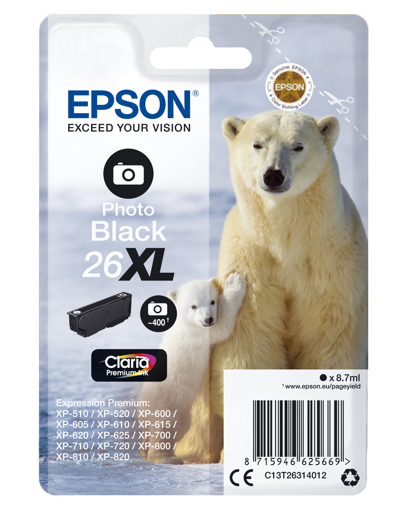 Epson C13T26314012/26XL Ink cartridge foto black high-capacity XL, 400 pages 400 Photos 8,7ml for Epson XP 600